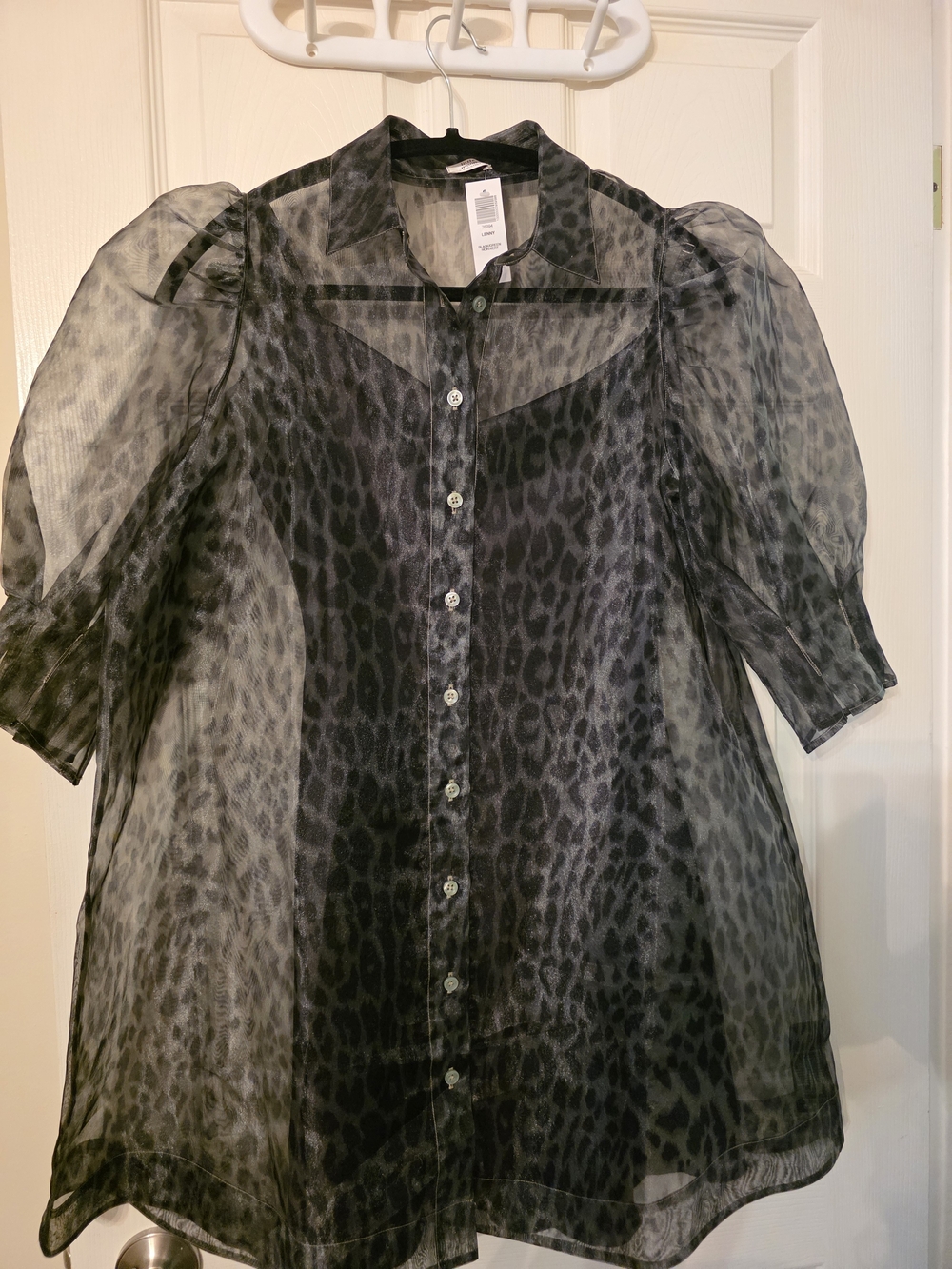 Little Moon Sheer Black Leopard-Print Puff Sleeve Dress.